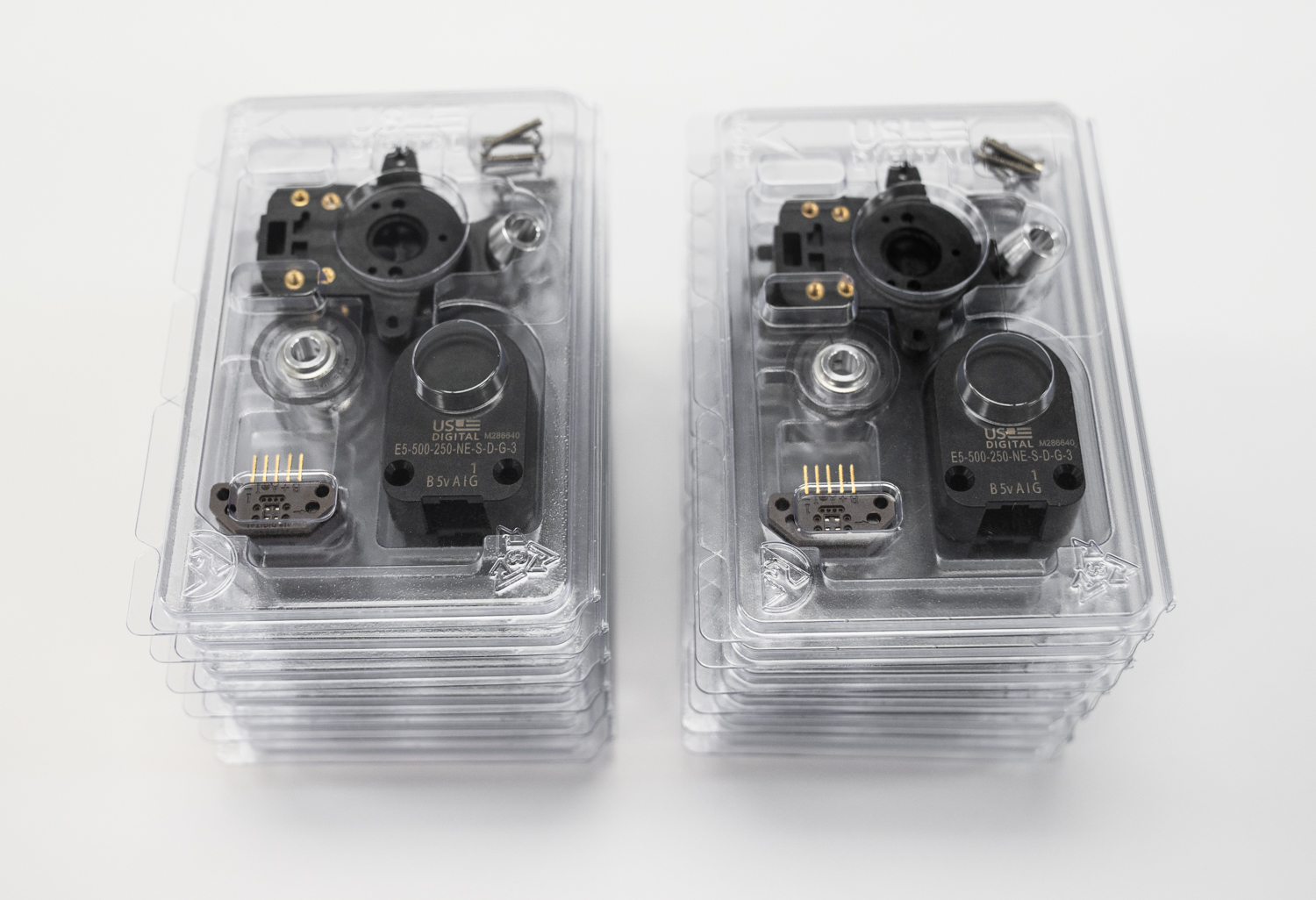 E5 encoders in individual packaging clamshells